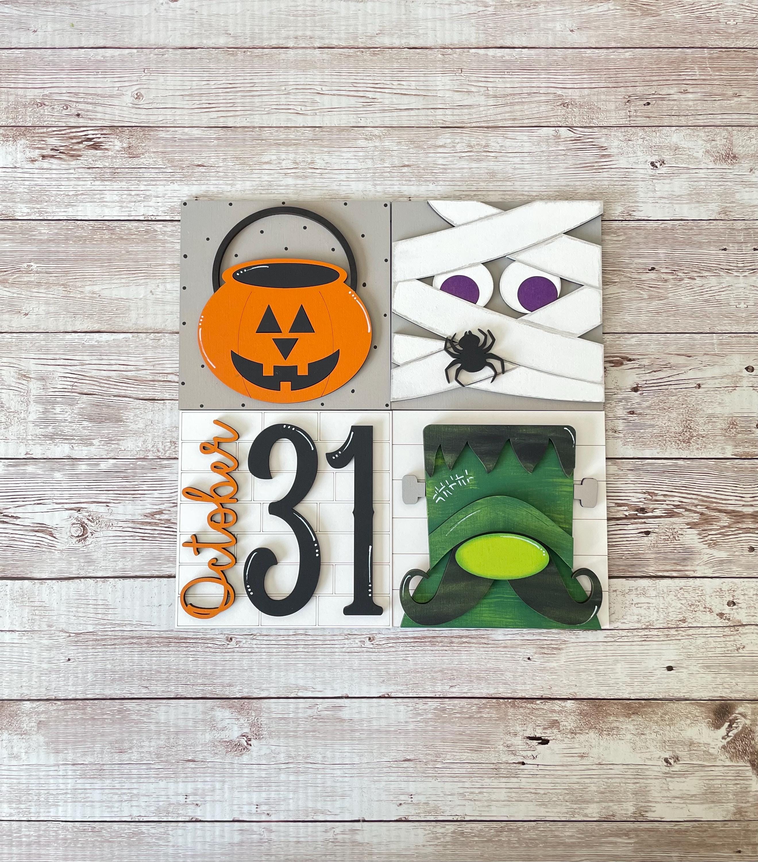 Halloween Interchangeable sign ladder, inserts only, 3pk or 4pk, mummy, Frankenstein, pumpkin candy bag, Happy Halloween, tiered tray decor