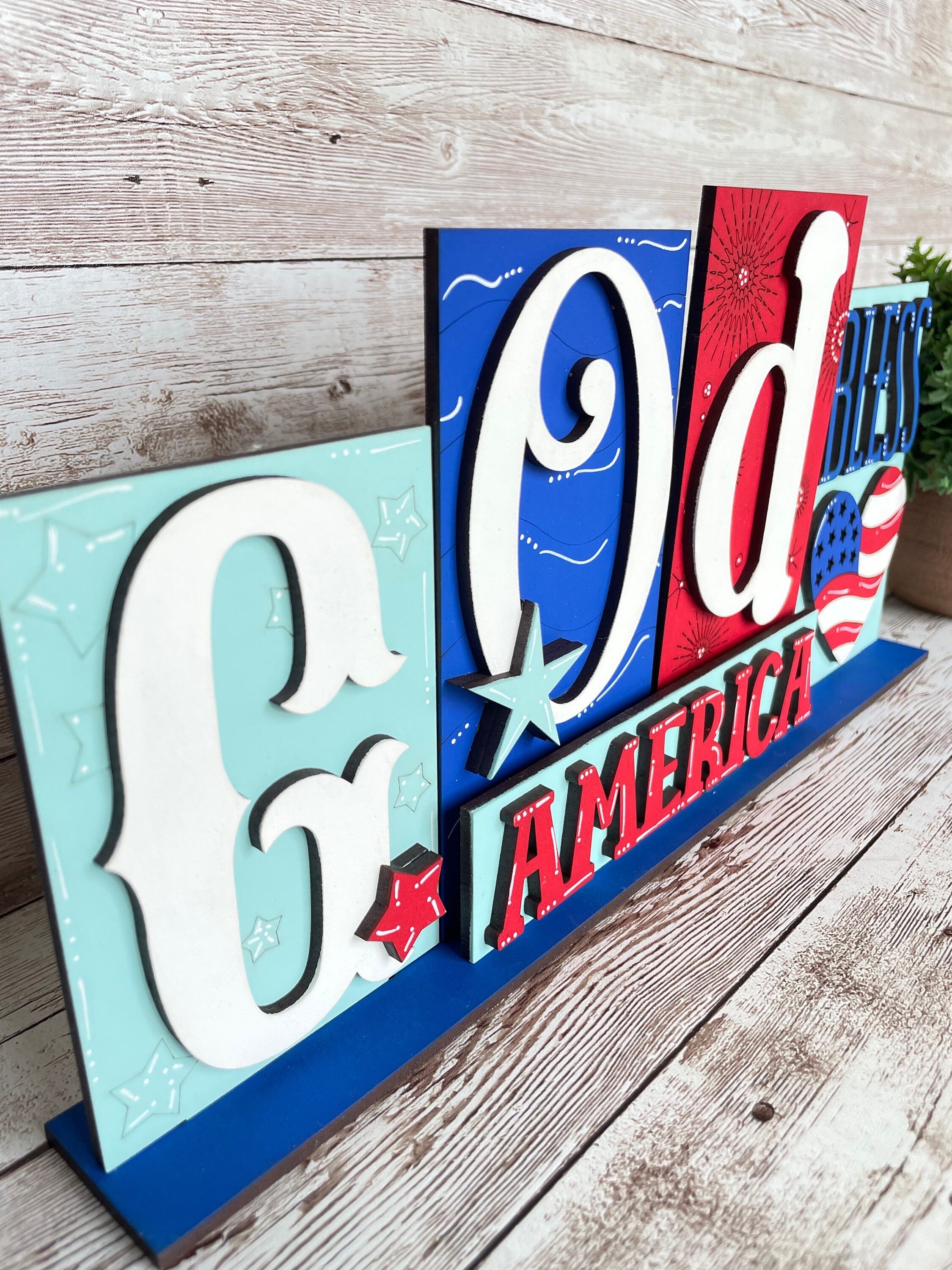 God Bless America sign, July 4th, USA decor, tiered tray decor, 4th of July, summer, Patriotic theme, Red White Blue, American flag,