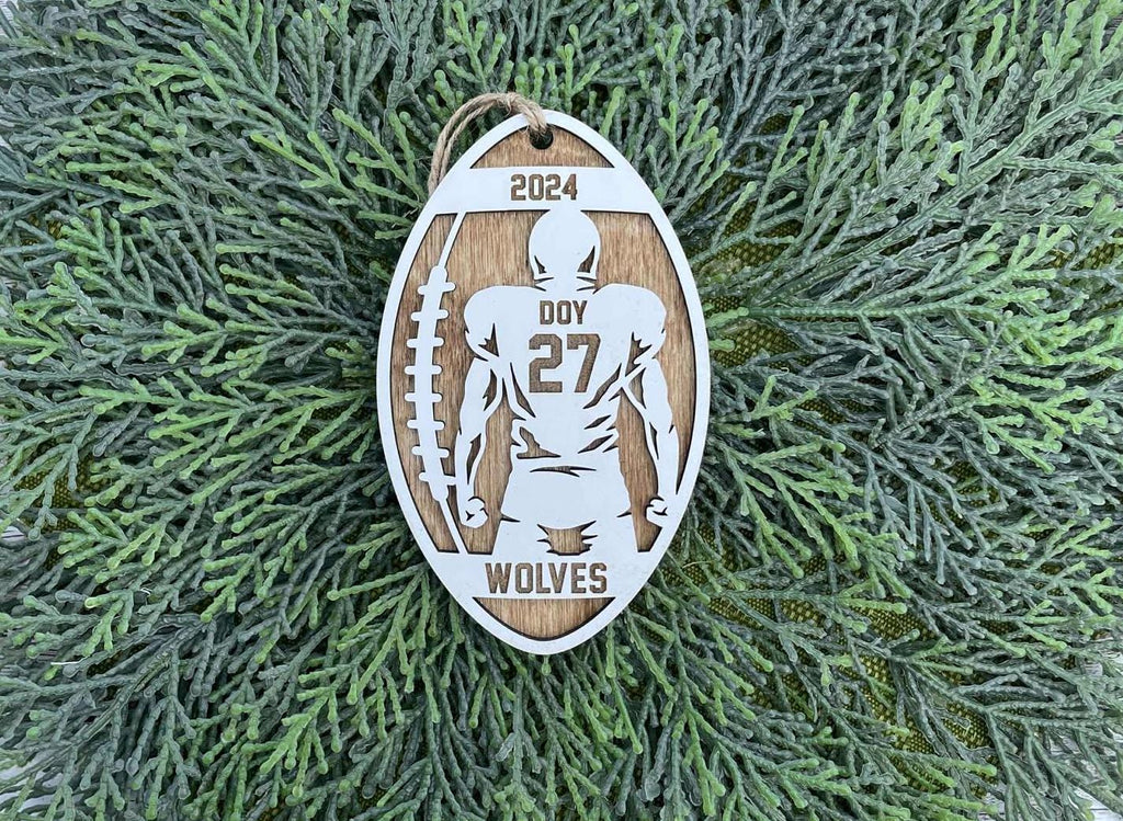 Football or Girl Flag Football personalized ornament handmade wood stained background white top layer, great for team, coach or manager gift