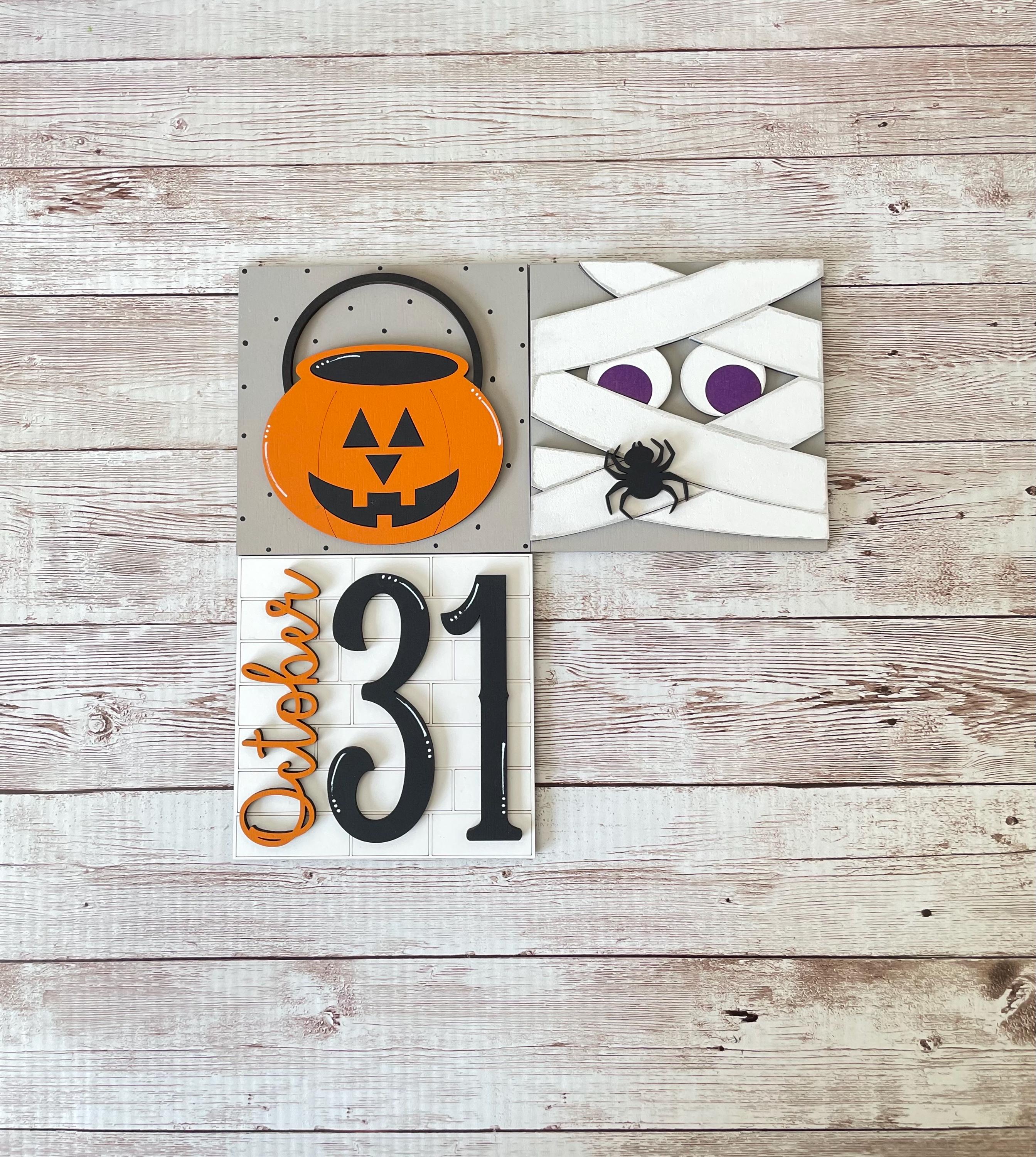Halloween Interchangeable sign ladder, inserts only, 3pk or 4pk, mummy, Frankenstein, pumpkin candy bag, Happy Halloween, tiered tray decor