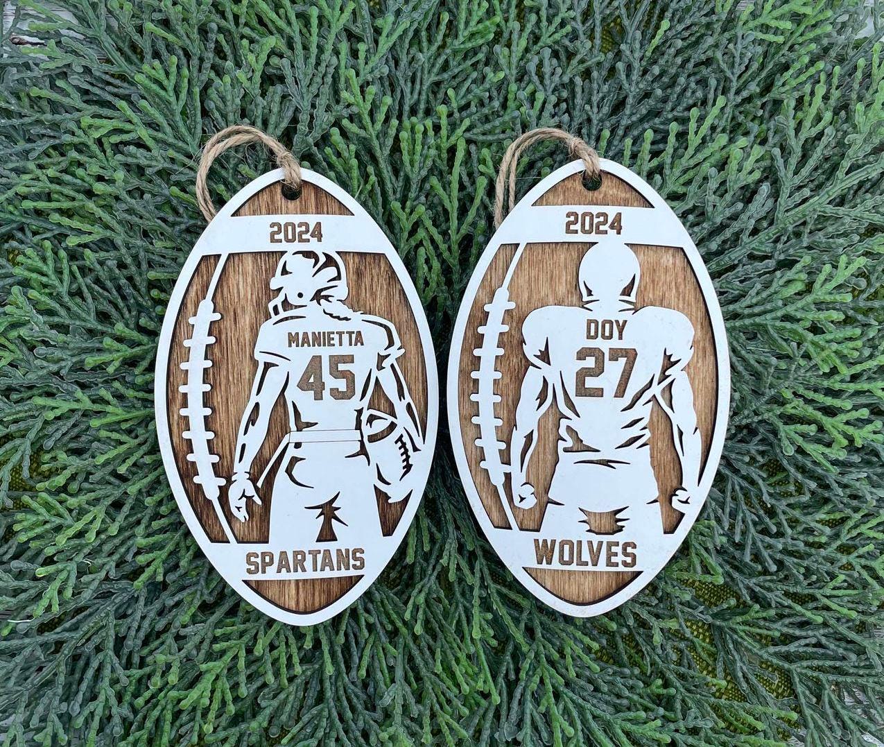 Football or Girl Flag Football personalized ornament handmade wood stained background white top layer, great for team, coach or manager gift
