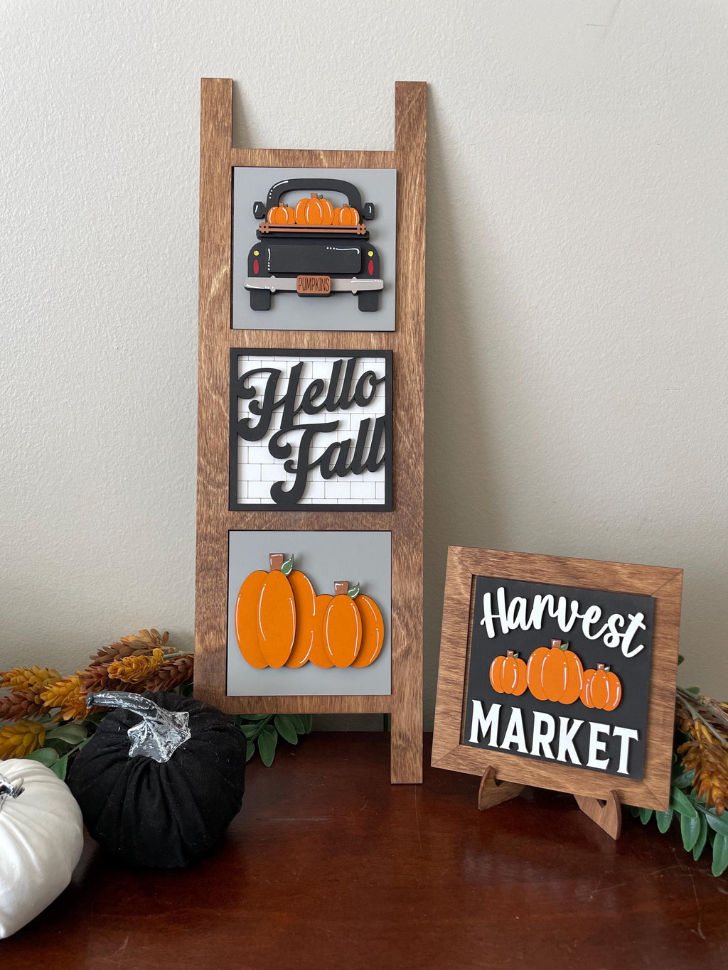 Hello Fall Interchangeable sign ladder, inserts only, 3pk or 4pk, pumpkin truck tiered tray decor