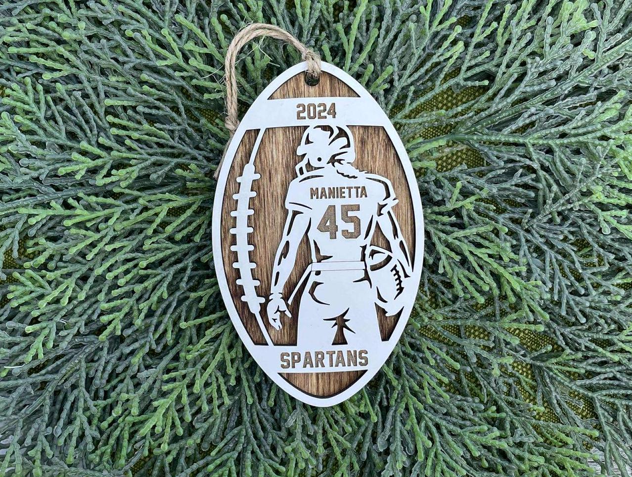 Football or Girl Flag Football personalized ornament handmade wood stained background white top layer, great for team, coach or manager gift