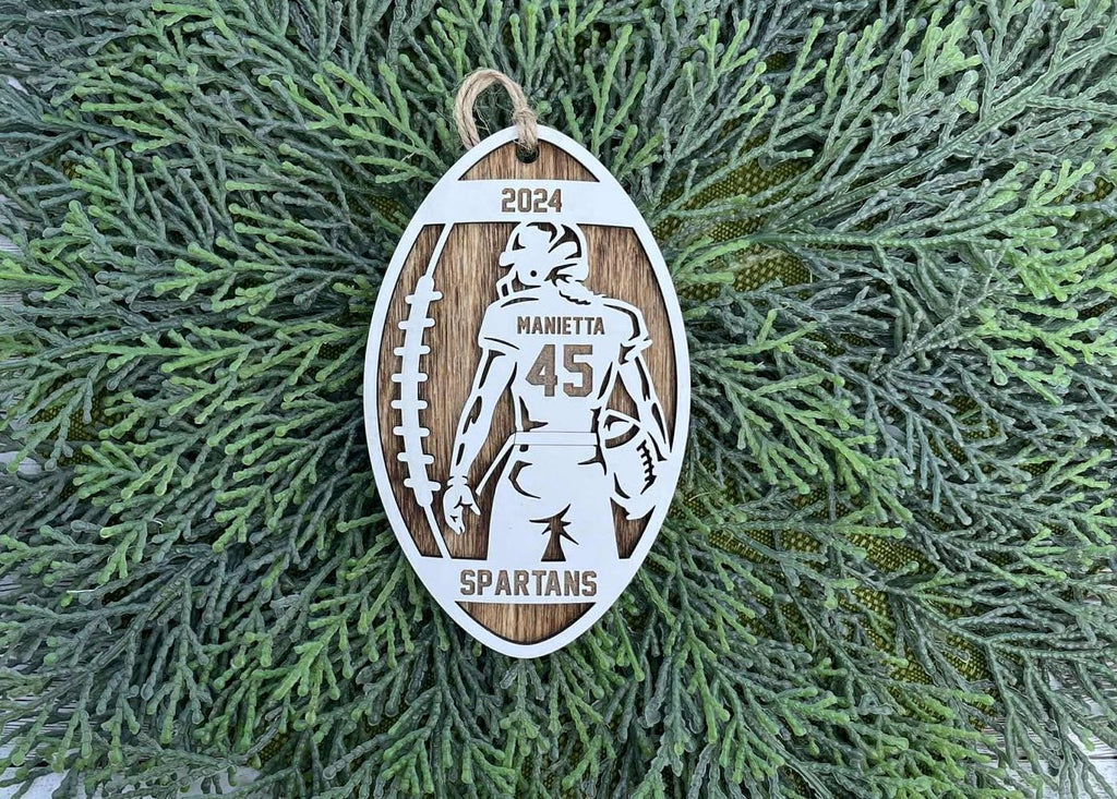 Football or Girl Flag Football personalized ornament handmade wood stained background white top layer, great for team, coach or manager gift