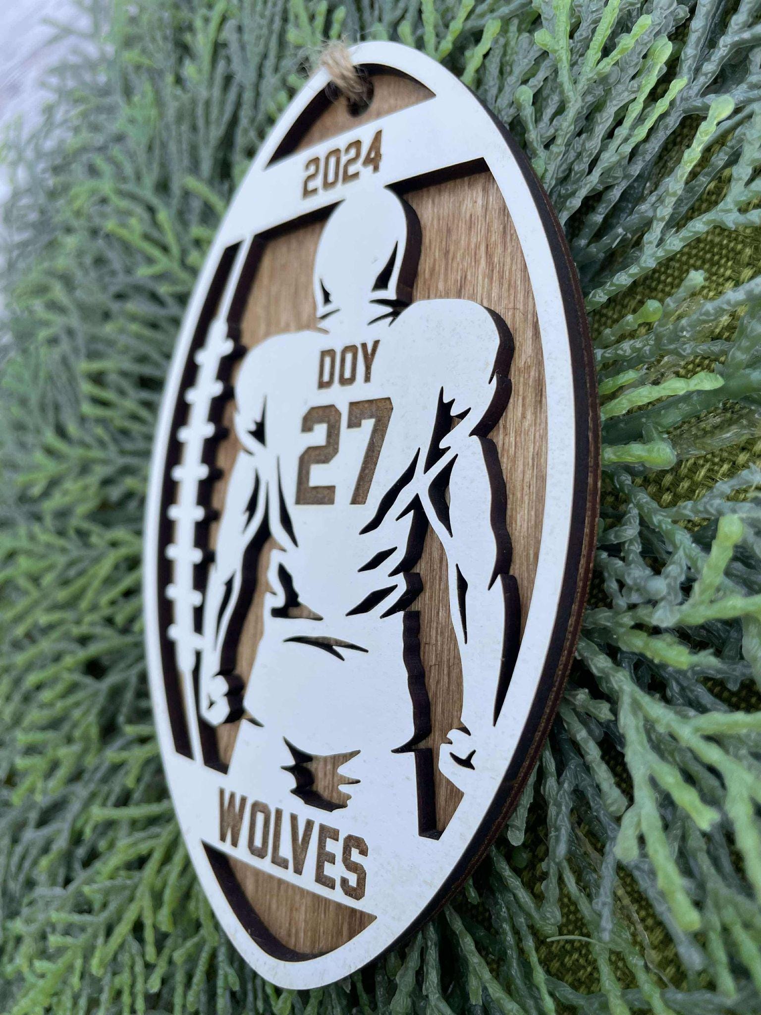 Football or Girl Flag Football personalized ornament handmade wood stained background white top layer, great for team, coach or manager gift