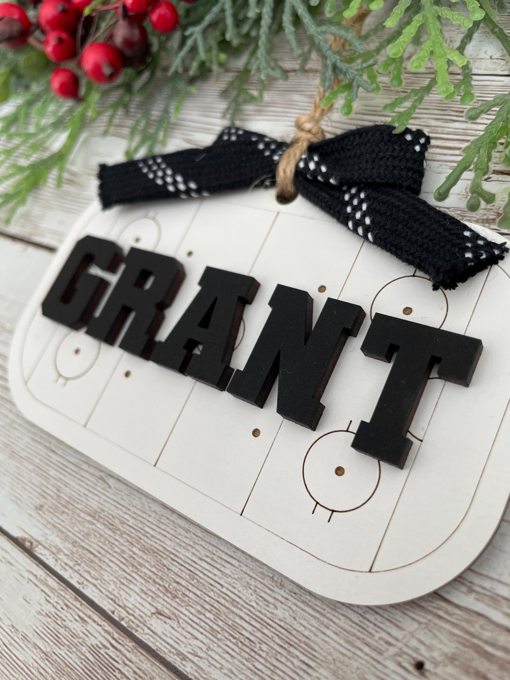 Hockey rink personalized name ornament with hockey lace bow