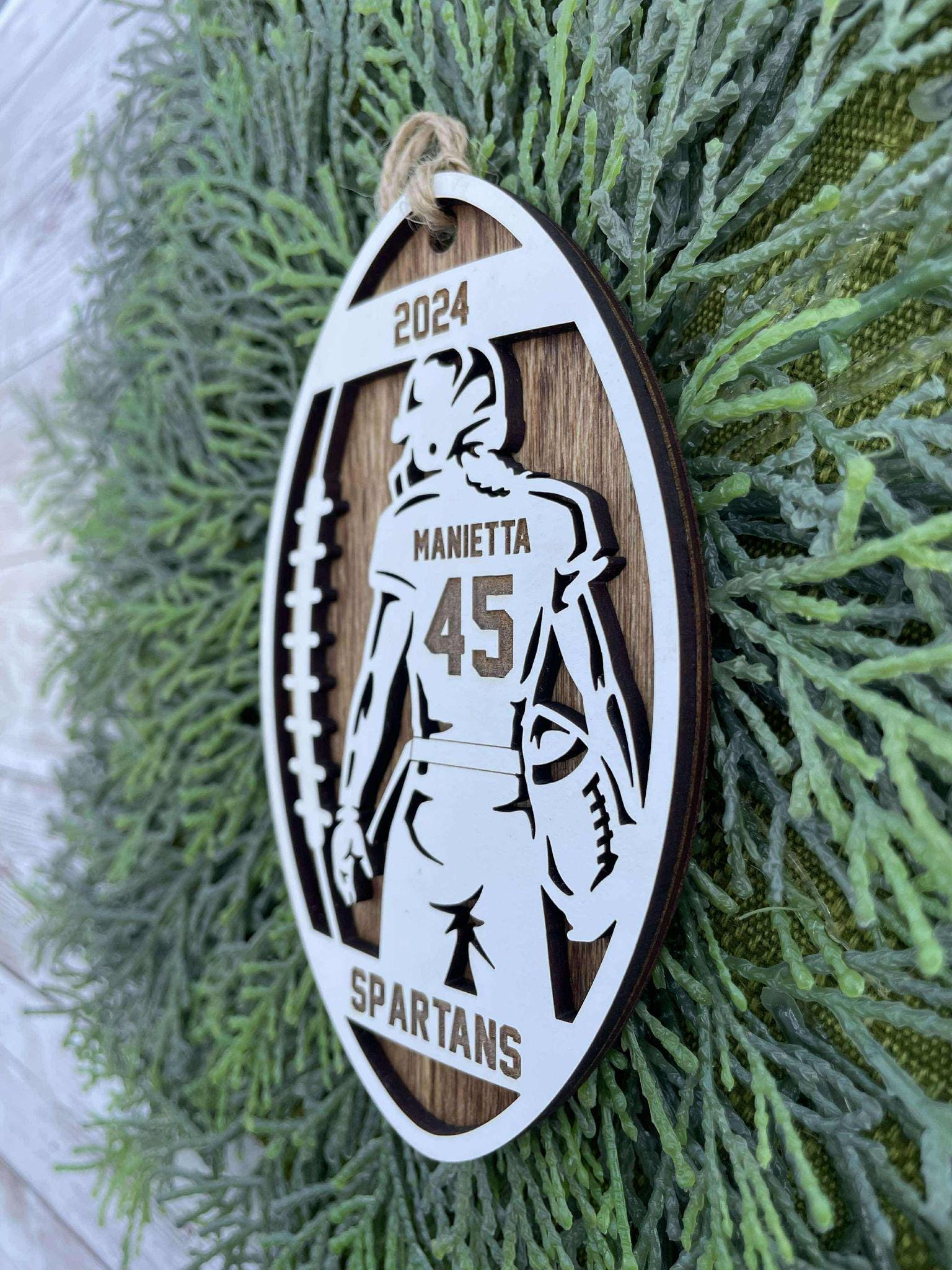 Football or Girl Flag Football personalized ornament handmade wood stained background white top layer, great for team, coach or manager gift