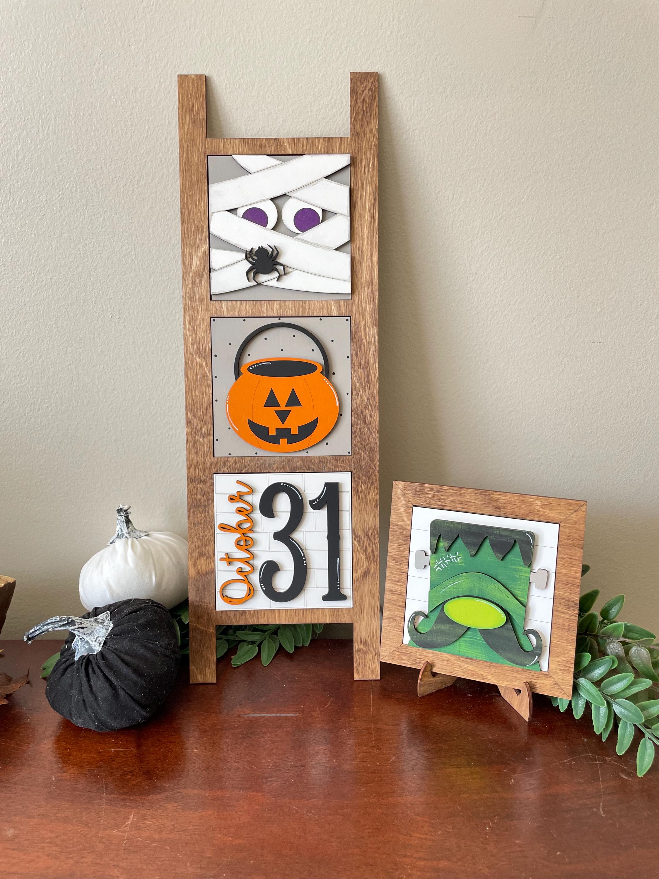 Halloween Interchangeable sign ladder, inserts only, 3pk or 4pk, mummy, Frankenstein, pumpkin candy bag, Happy Halloween, tiered tray decor
