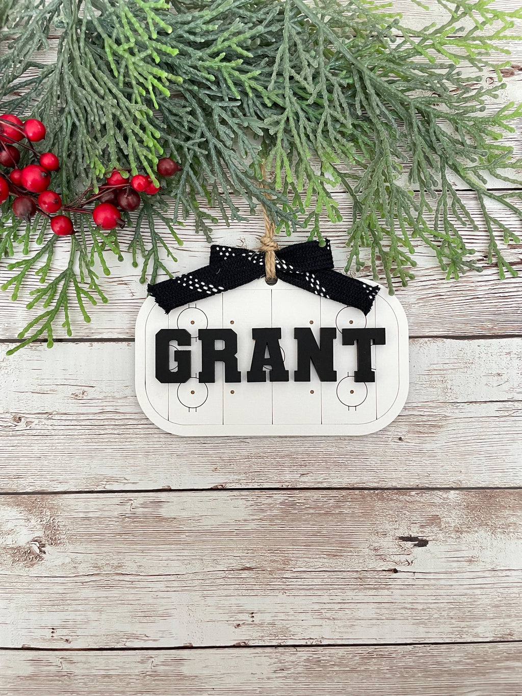 Hockey rink personalized name ornament with hockey lace bow